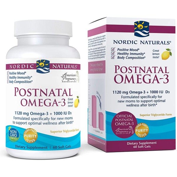 Nordic Naturals Postnatal Omega-3, Lemon - 1120 Total Omega-3 + 1000 IU Vitamin D3-60 Soft Gels - Formulated for New Moms; Supports Optimal Wellness, Positive Mood, Healthy Metabolism - 30 Servings
