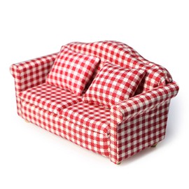 Dollhouse Couch Miniature Sofa with Pillows Dollhouse Living Room Funiture 1:12 Scale Model 3 Pcs High Simulation Upholstered Wooden Fabric Armchair Mini Room Artificial House Scene Decoration (Plaid)