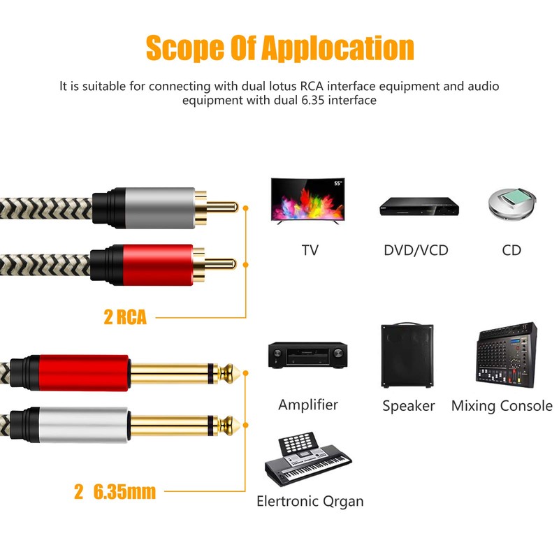 2x6.35 mm to 2RCA Cable,Dual 1/4 inch TS Stereo Jack