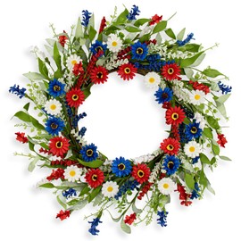 22 Inches Patriotic Wreath 4th of July Wreaths for Front Door Independence Day Wreath with Red White and Blue Wildflowers Wheat for Wall Window Porch Flag Memorial Independence Day Decoration