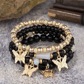 Azusa Sun 4 Pcs Cute Butterfly Charm Black Bracelets Set Gold Plated Beaded Stackable Stretch Bracelets Bohemian Summer Jewelry for Women