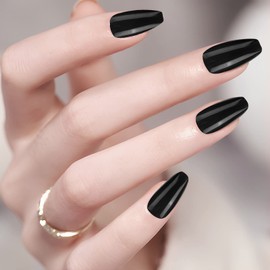 Cobee Plain Press On Nails, Pack of 24 Coffin Fake Nails Shiny Conical Shape, Medium Length Full Cover Ballerina Removable False for Women and Girls Nail Art DIY Set (Black)