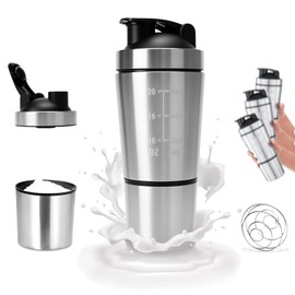 DAQI 600ML Botella para Proteina de Coctelera, Vaso Proteina Shaker de Acero Inoxidable con Almacenamiento de Proteina Desmontable y Mezclador, Botella Coctelera para Fitness y Deportes