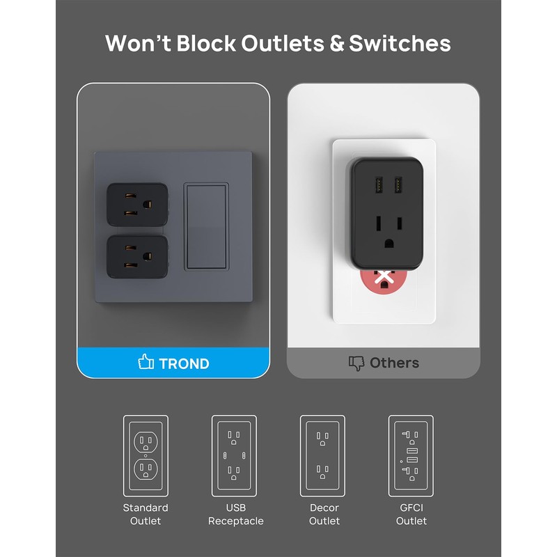 TROND 2 Pack Multi Plug Outlet Extender, Wall Outlet Splitter