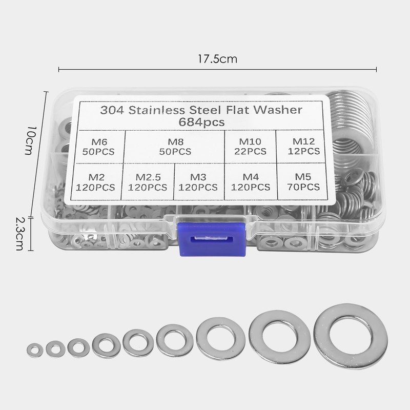 Flat Washers Set Stainless Steel 684 Pieces with Assortment Box