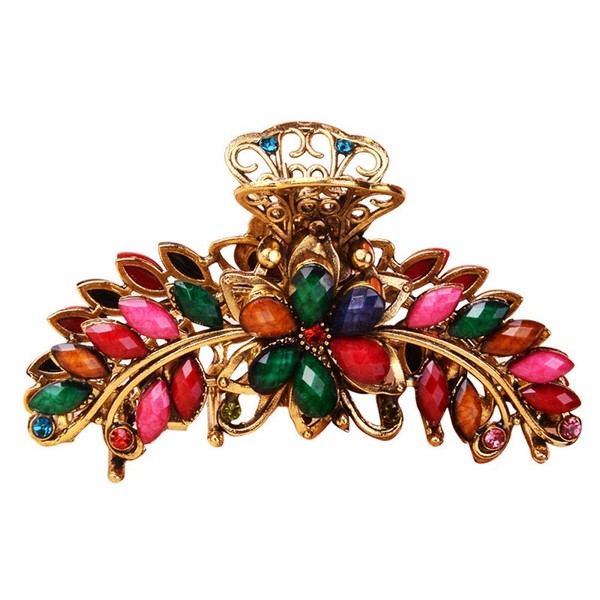 Suoirblss Large Metal Rhinestone Alloy Hair Claw Jaw Clip Retro Flowers Hair Clip Fancy Hair Barrette Clamp for Women and Girls Thick Hair (Colourful)
