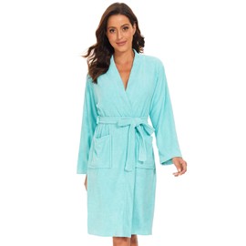 Knuffnee Terry Cloth Robe for Women Bathrobe Knee Length Bath Gown Lightweight Kimono Robe Blue L