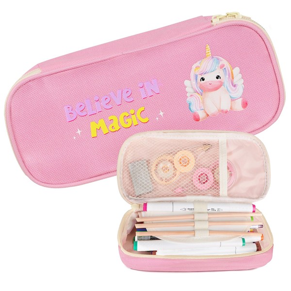 GEBETTER Unicorn Pencil Case for Girls Gift Believe in Magic Case Pens 3 Compartments Pencil Case Kids Pencil Case Portable Pencil Case for School Preschool Nursery Stationery Pen Bag, pink, pencil