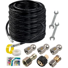 Hourleey Sewer Jetter Kit for Pressure Washer 150FT, Drain Cleaner Hose 1/4 Inch NPT, Orifice 4.0 Button Nose and Rotating Sewer Jetting Nozzle Spanner Tape Pearl Corsage Pin, 4000 PSI