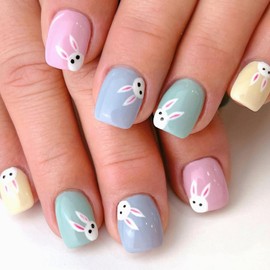 24 Pcs Colorful Glossy Easter Press on Nails Short Square Fake Nails Cute White Bunny False Nails with Design Spring Acrylic Nails Full Cover Easter Rabbit Stick on Nails for Women Nail Art DIY