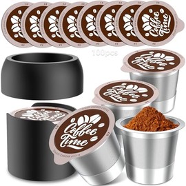 Reusable Capsule Kit, Reusable coffee pods with 100 Pcs Aluminum Foil Seal Lids,1 Holder,4 stainless steel k cups,Universal stainless steel k Cups for Keurig 2.0 and 1.0 Coffee Makers