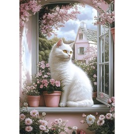 MXJSUA DIY 5D Diamond Painting Kits for Adults, Window White Cat Diamond Art Painting Full Drill Crystal Rhinestone Embroidery Craft Kits for Home Wall Decor Gifts, 30x40cm