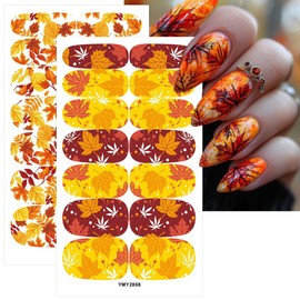 6 Sheets Fall Gel Nail Stickers Self-Adhesive Fall Nail Wraps Stickers Autumn Nail Polish Strips Full Wraps DIY Maple Leaf Nail Art Decals Gel Nails Strips for Thanksgiving Party Manicures Decor