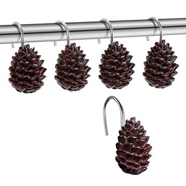 EleCharm 12-Pack Resin Pinecone Decorative Shower Curtain Hooks Steel Sliding Bathroom Curtain Rings Pendant Hooks (S Pinecone A)