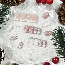 Christmas French Tips Press On Nails Short Square, 24Pcs Christmas Fake Nails with Snowflake Rhinestones Designs Stick On Nails Christmas Nail Accessories Decorations for Women Girls