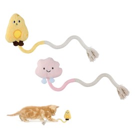 Andiker 2 PCS Cat Chew Ropes, Cat Chew Toy with Cartoon Kitten Plush Toys with Catnip inside Interactive Cat Toys for Indoor Cats to Bite Grasp Kick and Clean Teeth (Yellow and Pink)