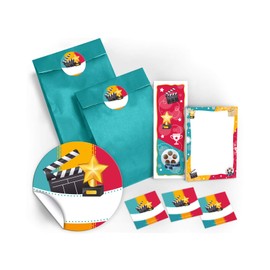 12 Gift Bags / Blue + 12 Stickers + 12 Bookmarks + 12 Notepads Cinema Party Bags Guest Gift Children's Birthday Girls Boys Adults