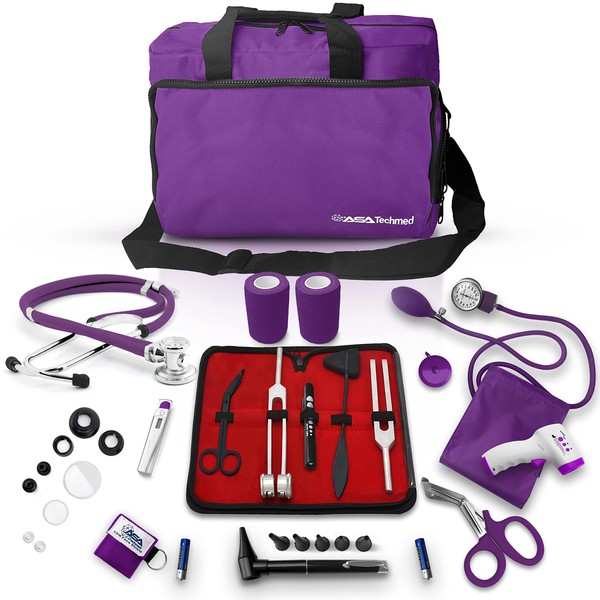 ASA TECHMED Nurse Essentials for Work Starter Kit, Stethoscope, Blood Pressure Monitor, Otoscope, Tuning Forks and More. 18 Pcs Doctor Kit, Nurse Gift (Purple)