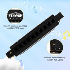 East top Harmonica, C Key Blues Harmonica for Beginners and Adults, Kids and Teenagers,10 Holes Mouth Organ Blues Harp For Students as Gift (BLACK)