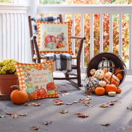 JOTOM Fall Throw Pillow Covers 45x45cm Pumpkin Autumn Harvest Cushion Covers 18x18 Inch Thanksgiving Outdoor Fall Decorations Pillowcases for Farmhouse Sofa Couch Bed Car Decor Set of 4 (Orange Plaid)