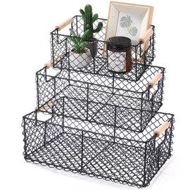 Honeydak 3 Set Wire Basket for Organizing with Wooden Handle Vintage Style Rectangle Mesh Metal Basket Food Storage Organizer for Home Kitchen Pantry Bathroom Picnic Cabinets(Black)
