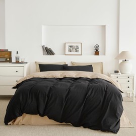 SUSYBAO Beige Black Duvet Cover Queen 100% Washed Cotton 3 Pieces Set 1 Vintage Reversible Duvet Cover with Zipper Ties 2 Pillowcases Farmhouse Black Beige Dual Color Bedding Set Soft