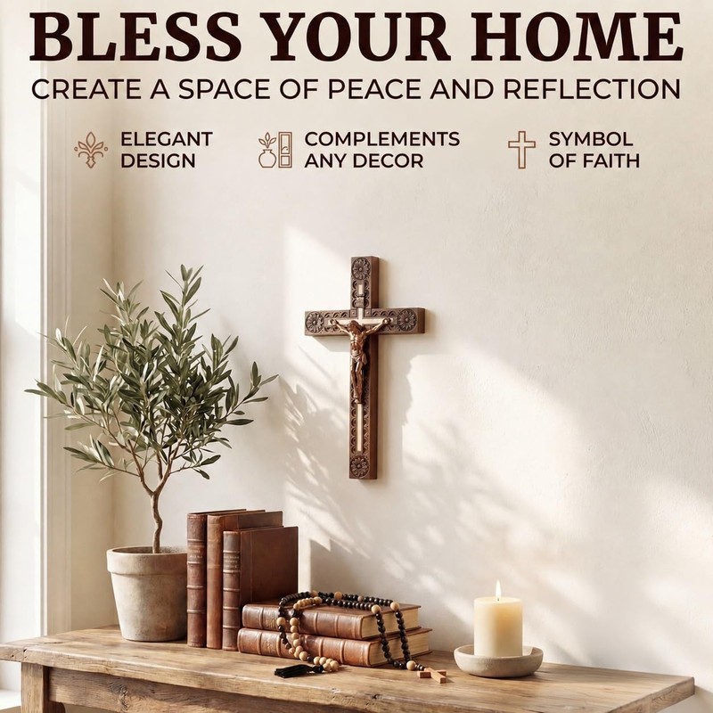Woodvio - Handmade Wooden Wall Cross, Hand Carved Surface, Catholic