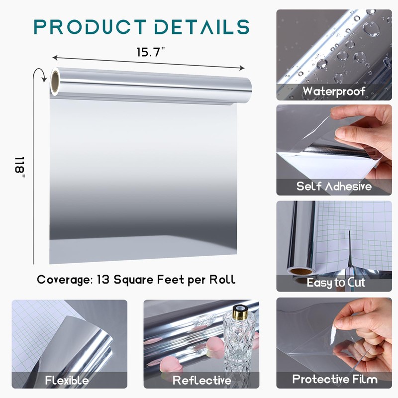 VEELIKE Glossy Metallic Adhesive Silver Vinyl Roll Reflective Non Glass