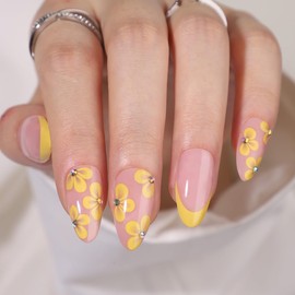 30Pcs Almond Press on Nails Medium Yellow Flowers Fake Nails French Tips Nails Press ons Glossy Acrylic Nails with Rhinestone Glue on Nails Designs 15 Size for Women Manicure