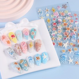 5D Ocean Nail Stickers Embossed Hawaiian Hibiscus Flowers Nail Art Decals Self Adhesive Starfish Summer Tropical Nails Design Supplies Accessories Pegatinas para Uñas