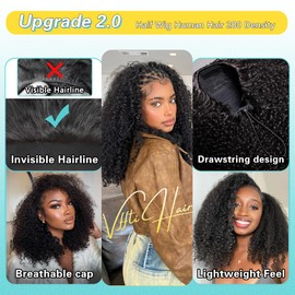 VFFTI Wear Go Kinky Curly Half Wig Human Hair 22 Inch Glueless Wigs Human Hair 200% Density Curly 3 In 1 Half Wigs for Women Afro Curly Seamless Flip Wig Invisible Hairline