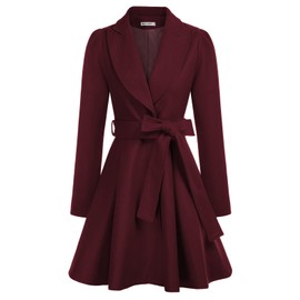 GRACE KARIN Women's Classical Solid Color Lapel Plain Swing Coats with Self Tie Belt Wine Red L