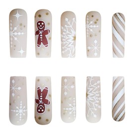 Christmas Press on Nails Long Square Fake Nails Cute Gingerbread Man False Nails with Designs Snowflake Stripe Glue on Nails Full Cover Acrylic Nails Nude Pink Xmas Stick on Nails for Women 24Pcs