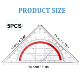 Set of 5 Geometry Triangle, Set Made of Hard Plastic, Small Set Square Multifunctional, Set Square Flexible for Students, Teachers, Artists, Transparent, 14 cm