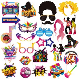 SUNBEAUTY 26 PCS 70s Photo Booth Props Disco Photo Booth Props Vintage Disco Photo Props Groovy Photo Booth Props for 1970s Party Retro Disco Party Decorations