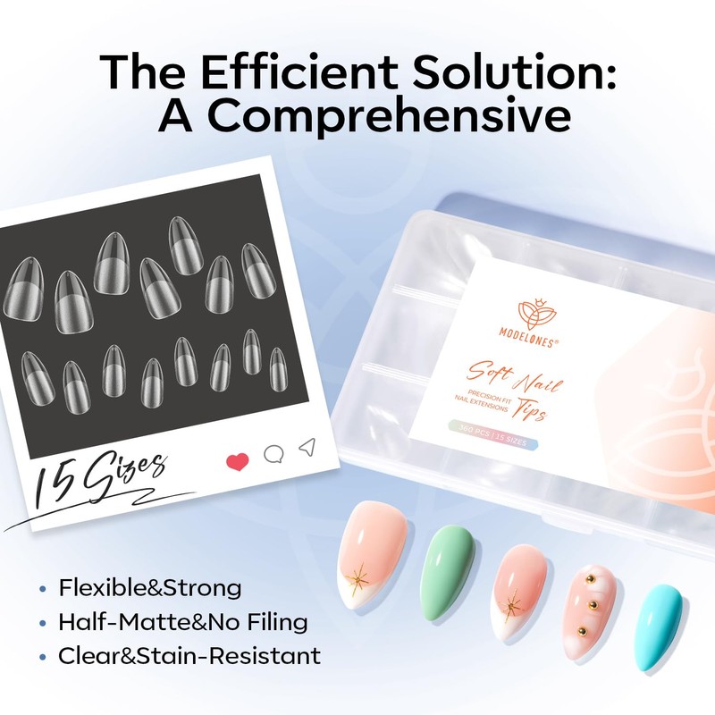 Modelones Medium Almond Nail Tips, 360pcs Pre-etched Clear Fake Nails