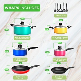 15 Piece Nonstick Color Pop Cookware Set with Cooking Utensils - inc. Saucepans and Dutch Oven Pots with Glass Lids and Fry Pans for Saute - also has Spatula Slotted Spoons Masher and Soup Ladle
