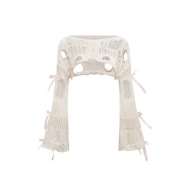 BEAUDRM Women's Hollow Out Ripped Bow Sweater Bell Long Sleeve Cropped Crochet Shrug Apricot Medium