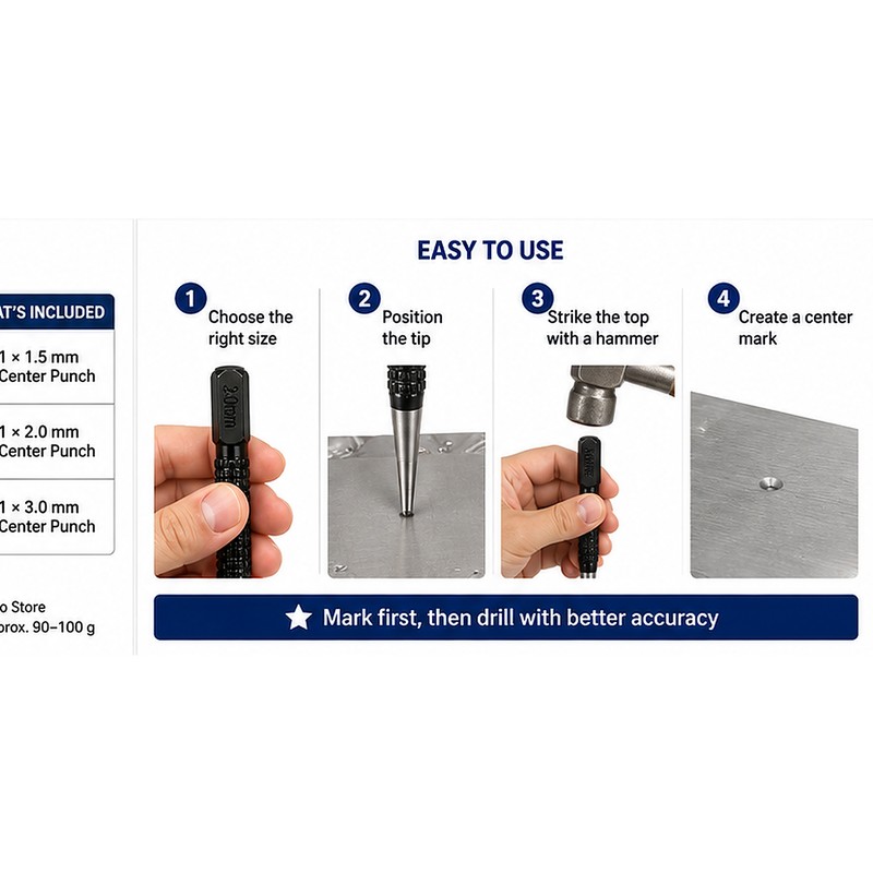 3-Piece Center Punch Set – 1.5 mm, 2.0 mm &