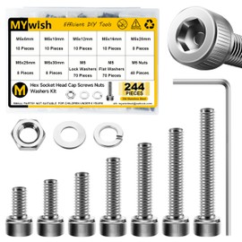 Mywish 244Pcs M5 Screw Metric Screw Assortment Kit 304 Stainless Steel Hex Socket Head Cap Metric Screws Bolts, Spring Lock & Flat Washers/Nuts/Hex Wrenches M5*8/10/12/16/20/25/30mm