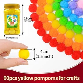Praisebank Yellow Pom Poms, 90pcs, 1.5inch/4cm, for Arts and Crafts, Balls in Jar