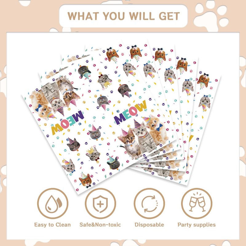 48pcs Cat Party Supplies,Disposable dessert tableware,include 16 Dessert Plate,16 Napkin