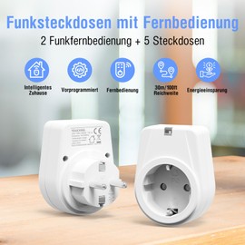 12 Channel Radio-Controlled Socket Set, Consisting of 5 x Sockets with 2 x Remote Control, Radio-Controlled Switch Set, Self-Learning Function 3500 Watt for Household Appliances, Range 30 m, White