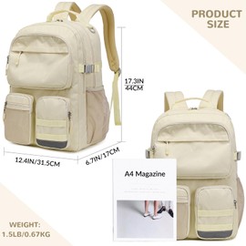 El-fmly Big Student Backpack for Teen Girls Boys, Water Resistant Multi Pockets Daypack with 15.6 Inch Laptop pocket for Travel School College (Beige)
