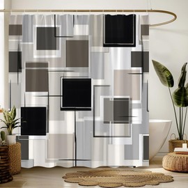 ZNLSU Modern Geometric Shower Curtain Black Gray Beige Abstract Plaid Vintage Mid Century Geometric Rustic 70" WX70 H Bathroom Decor Fabric Curtain with Hooks