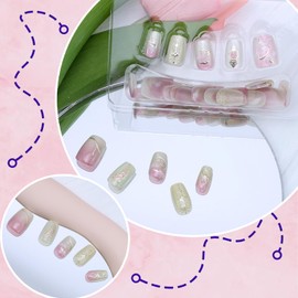 30pcs Pink Press on Nails Short Square Fake Nails with 3D Gold Star Moon Butterfly Designs Glitter Glue on Nails Cute False Nails Pink Full Cover Acrylic Nails Stick on Nails for Women