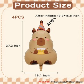 4PCS Capybara Foil Balloons, 27" Capybara Animal Theme Birthday Party Decoration, Fun Capybara Party Favors for Baby Shower, Gender Reveal