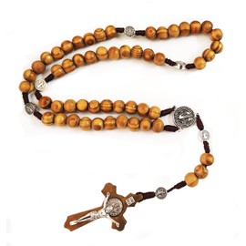 AJRUIER Women's Wooden Necklace, Necklace with Catholic Cross Rosary Made of Wood, Round Beads Catholic Religious Wooden Beads Jewellery Men's Necklace Gift Jesus Cross Pendant, woods, Pearl
