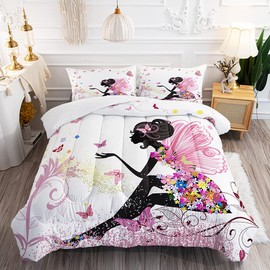 Romantic Butterfly Flower Fairy Girl Comforter Set for Kids Teens, Twin Size Girl Pink Wings in a Floral Dress Quilts with 2 Surreal Garden Flying Butterflies Pillowcases - 68" x 86" (Twin, Pink)