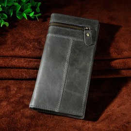 Le'aokuu Mens Genuine Leather Organizer Checkbook Card Case Bifold Wallet with Zipper Pocket (grey 2)